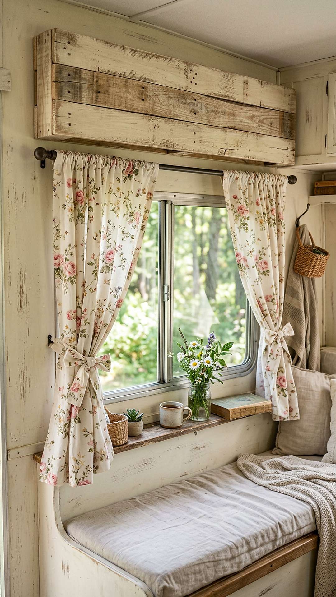 Pallet wood window valance in a shabby chic camper