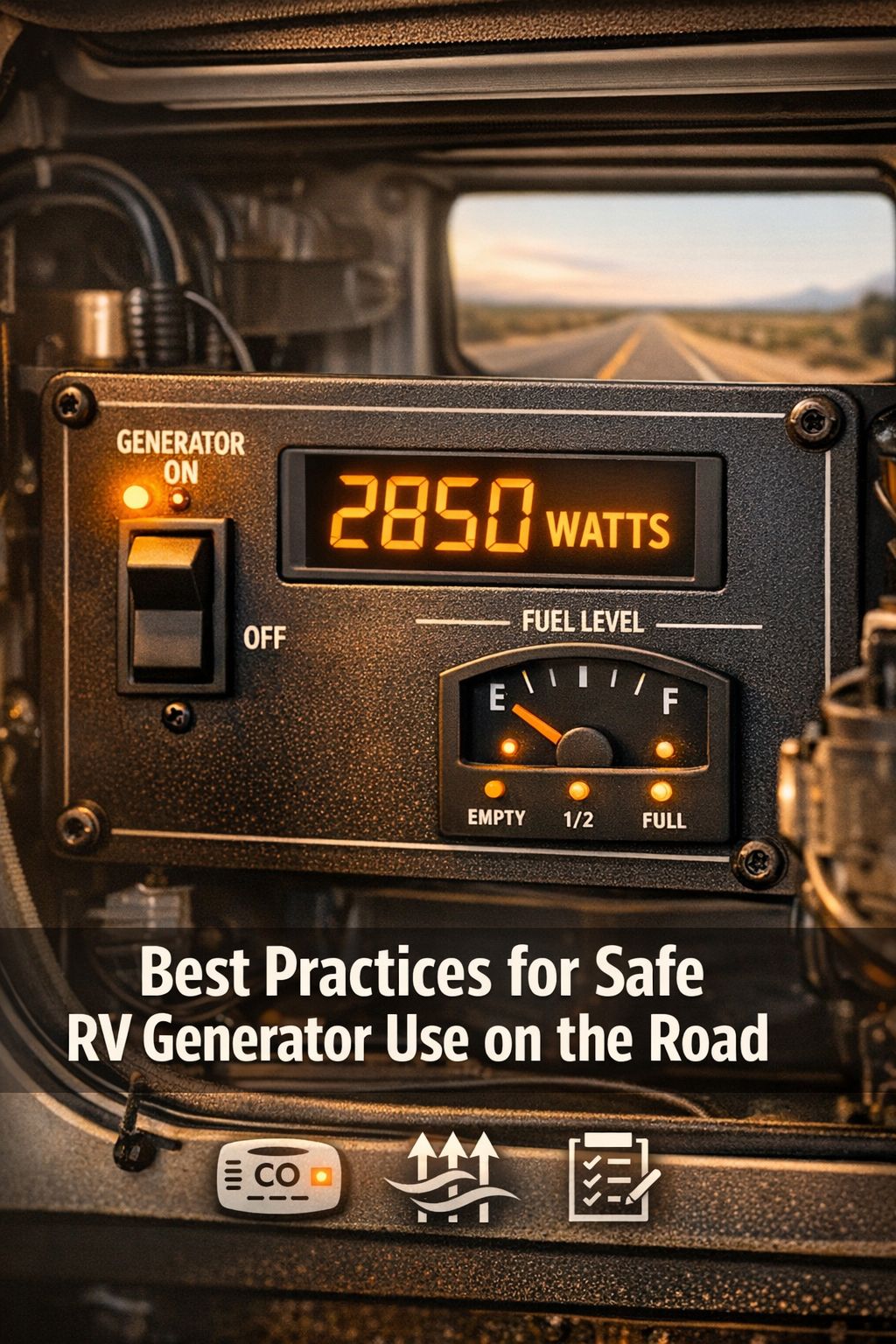 Portrait/Pinterest format () close-up editorial photo of an RV generator control panel with digital display showing wattage