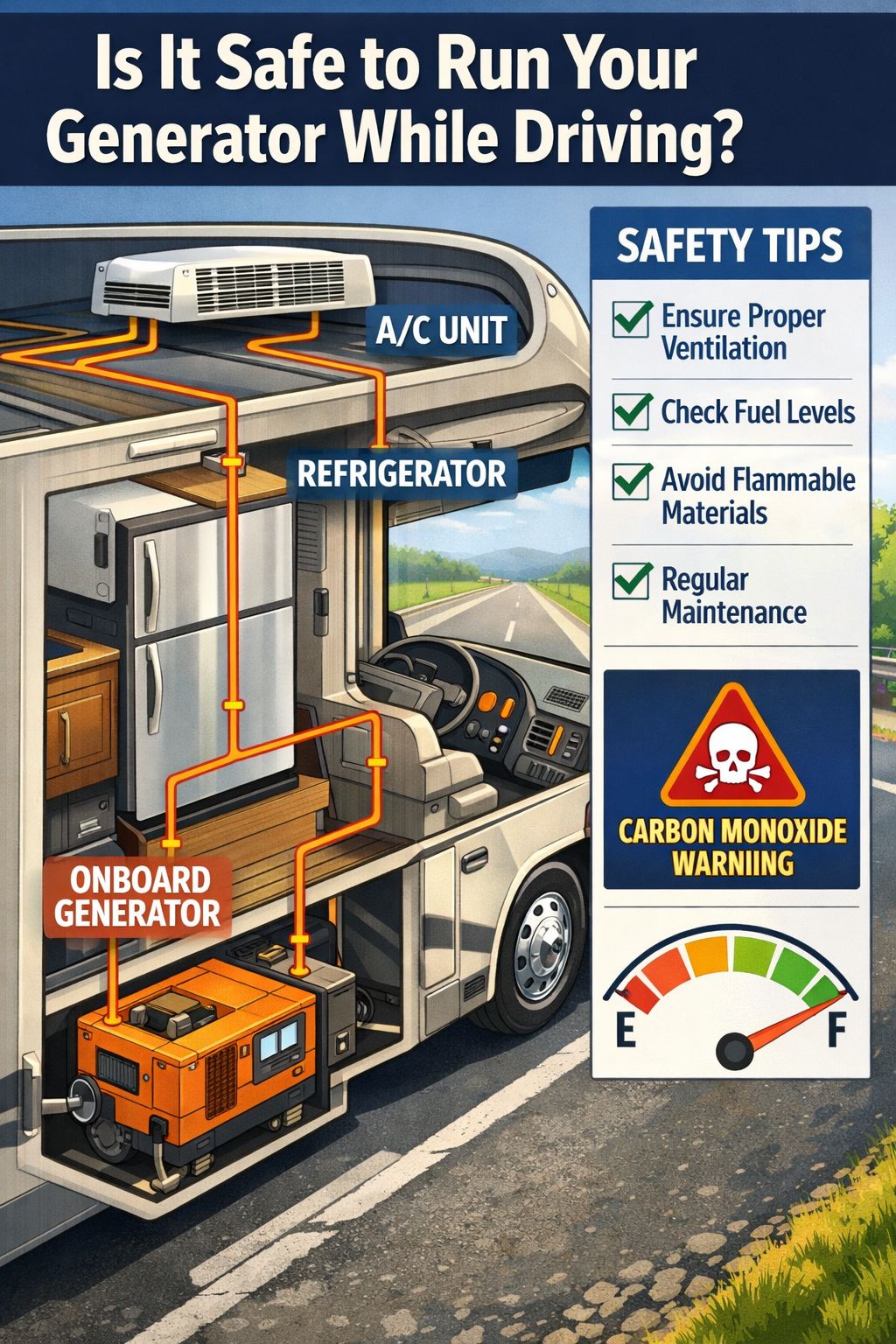 Portrait/Pinterest format () detailed infographic-style illustration showing a cutaway diagram of an RV with the onboard