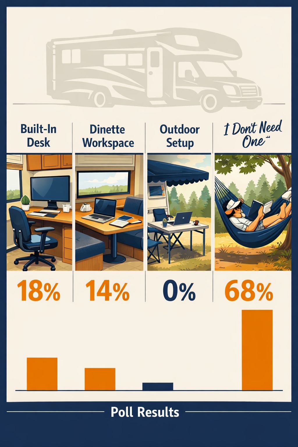 Portrait/Pinterest format () detailed infographic-style illustration showing four RV workspace setups side by side: a