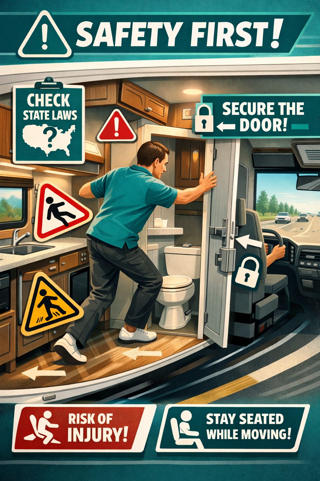 Portrait/Pinterest format () editorial illustration showing the interior cross-section of a moving RV with a visible