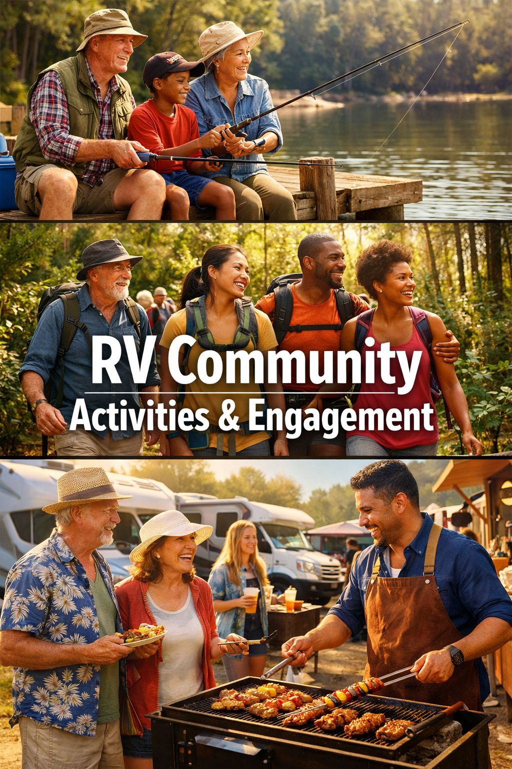 Portrait/Pinterest format () editorial image showing a diverse group of RVers engaged in outdoor community activities: one