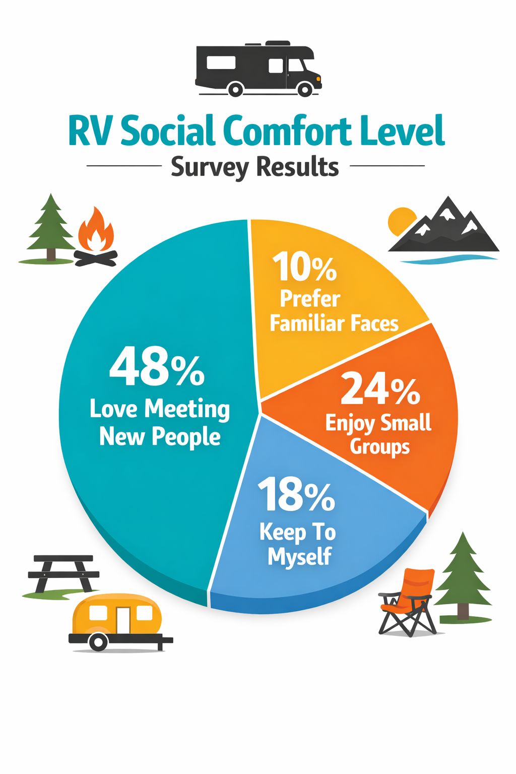 Portrait/Pinterest format () showing a colorful pie chart infographic titled 'RV Social Comfort Level Survey Results' with