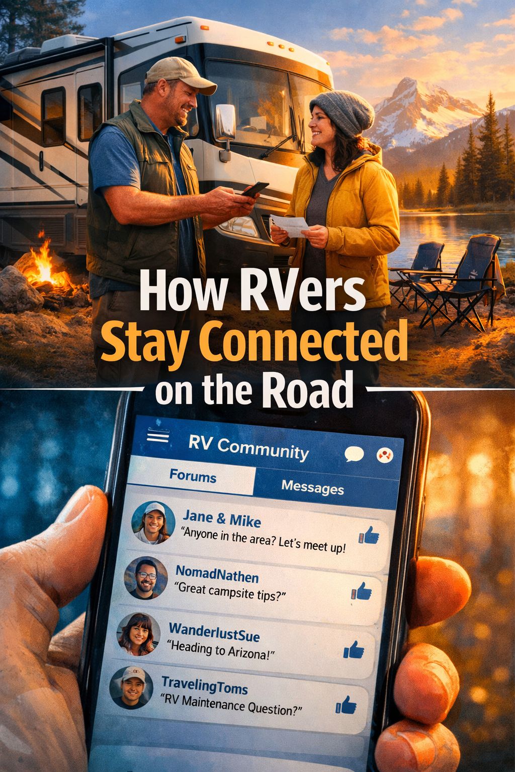 Portrait/Pinterest format () showing a split-scene composition: top half features two RVers exchanging contact info and
