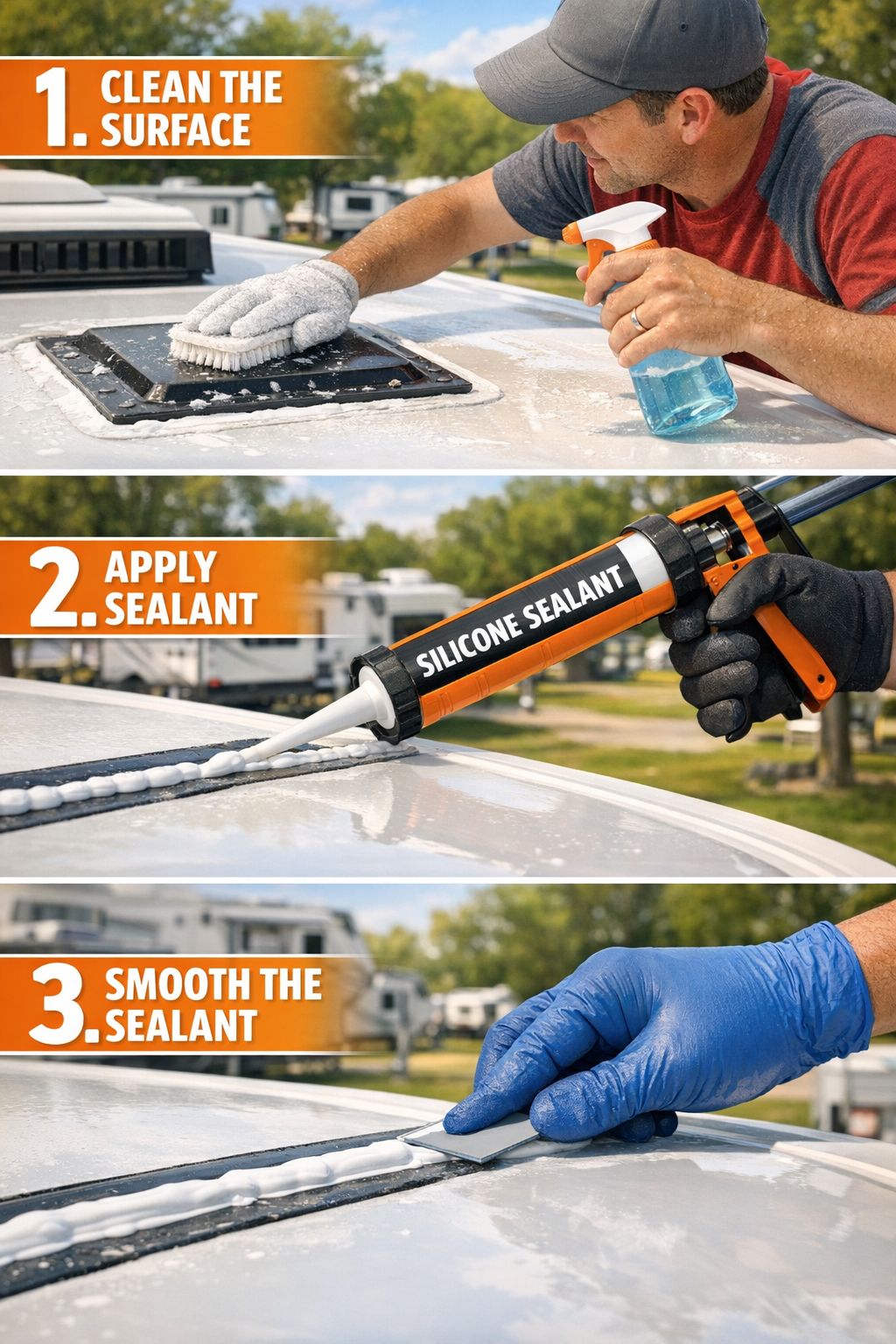 Portrait/Pinterest format () step-by-step visual guide showing an RV owner applying silicone sealant to an RV roof, depicted