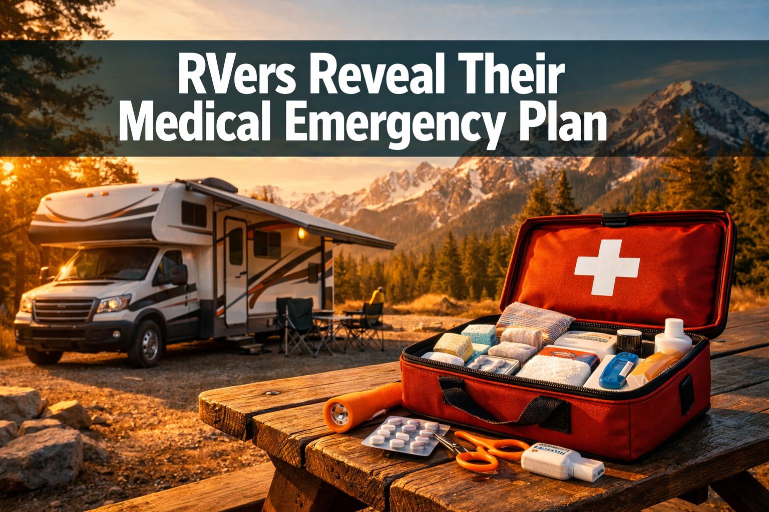 Professional () hero image with : 'RVers Reveal Their Medical Emergency Plan' in extra large white with dark