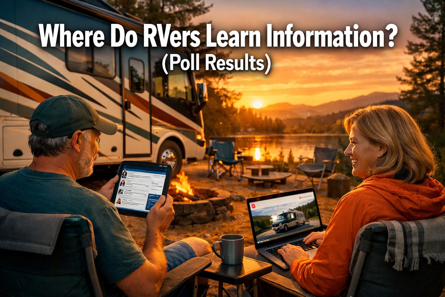 Professional () hero image with : 'Where Do RVers Learn Information? (Poll Results)' in extra large white with dark drop ,
