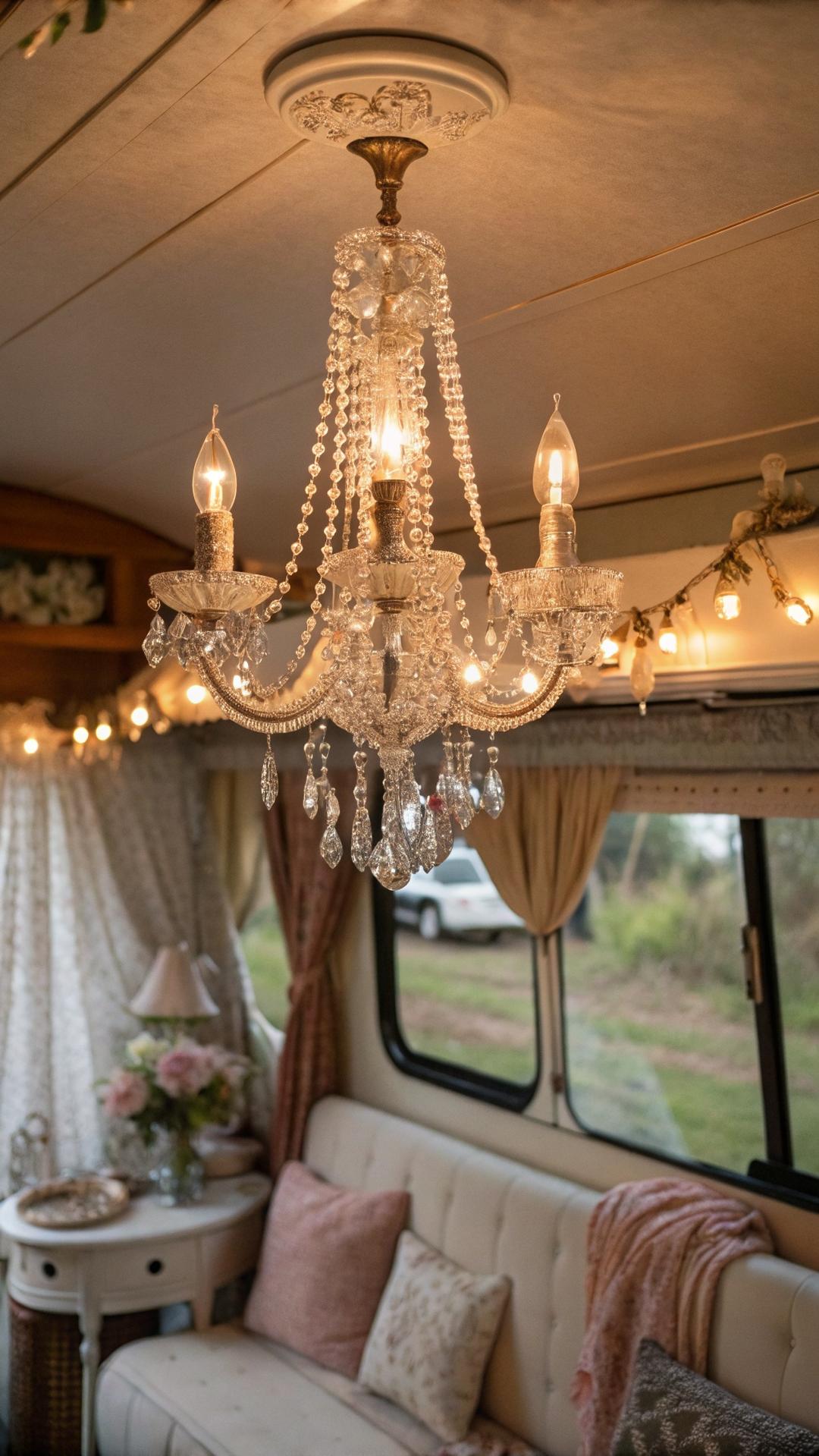 Crystal chandelier in shabby chic camper