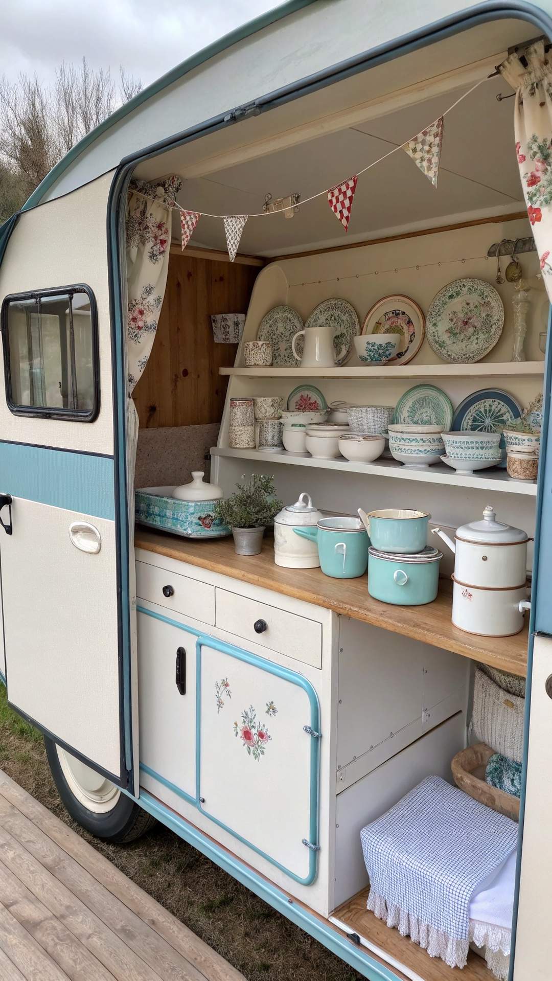 Vintage enamelware in shabby chic camper kitchen