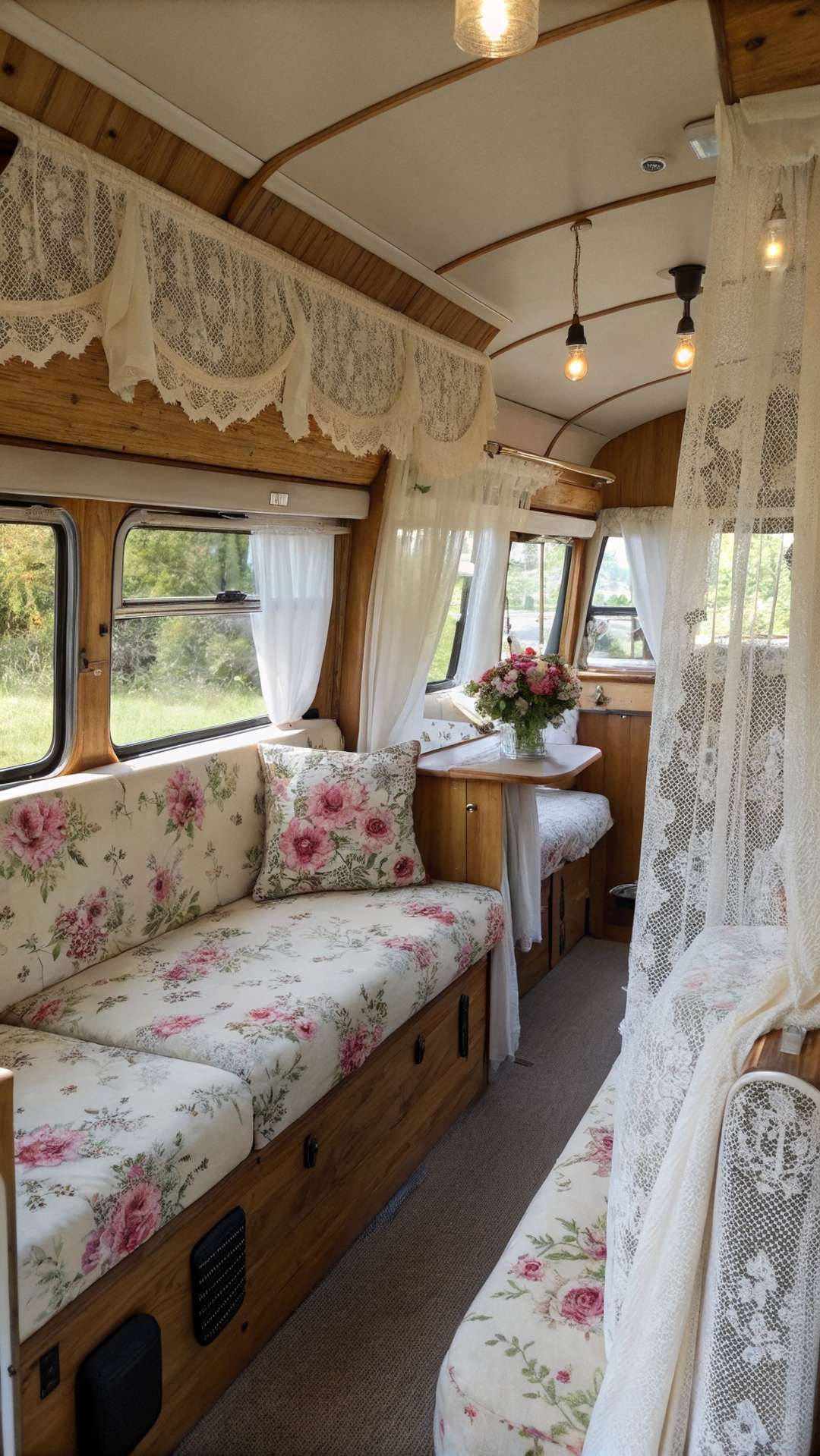 Shabby chic lace curtains in camper
