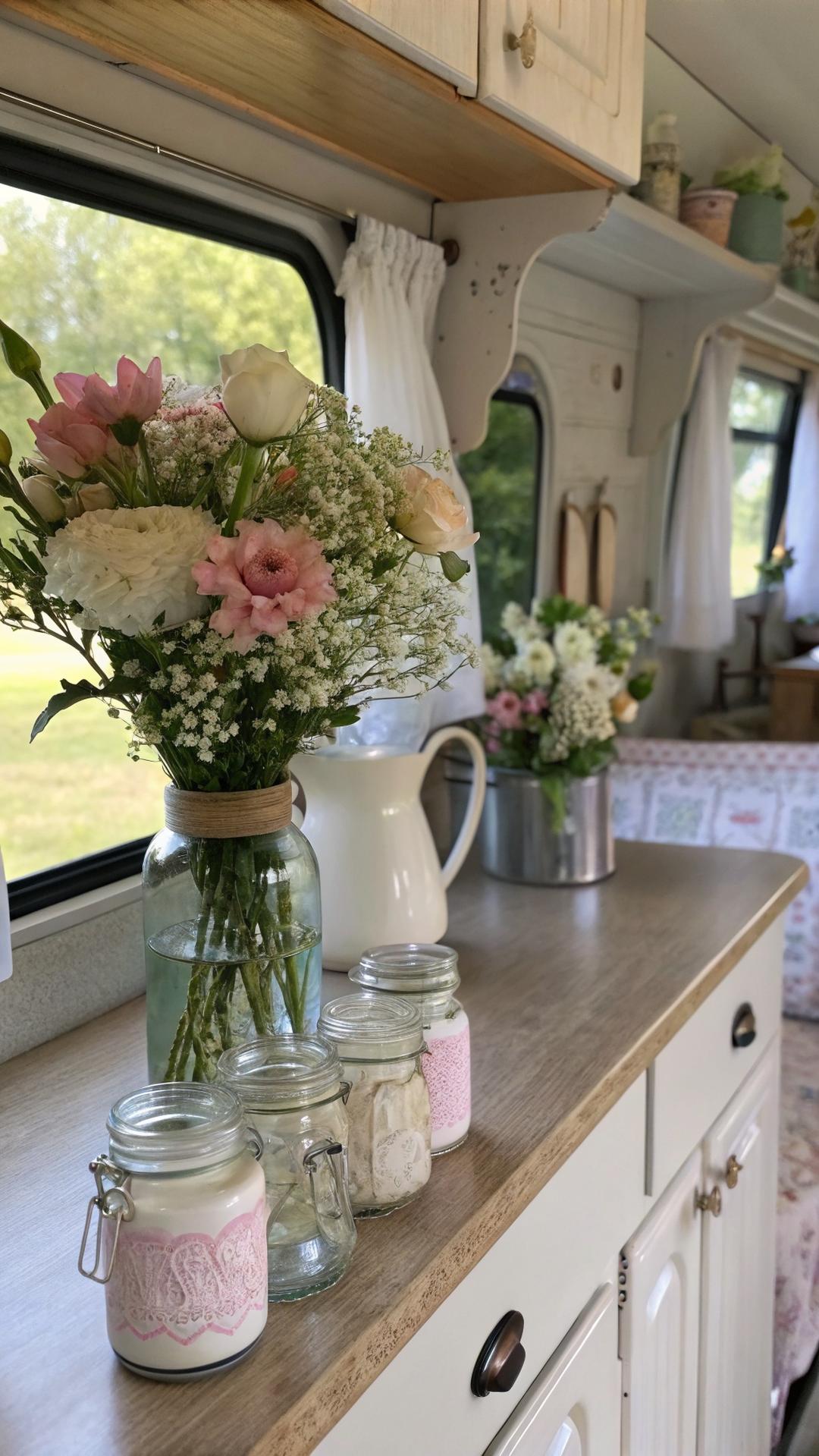 Mason jar decor in shabby chic camper