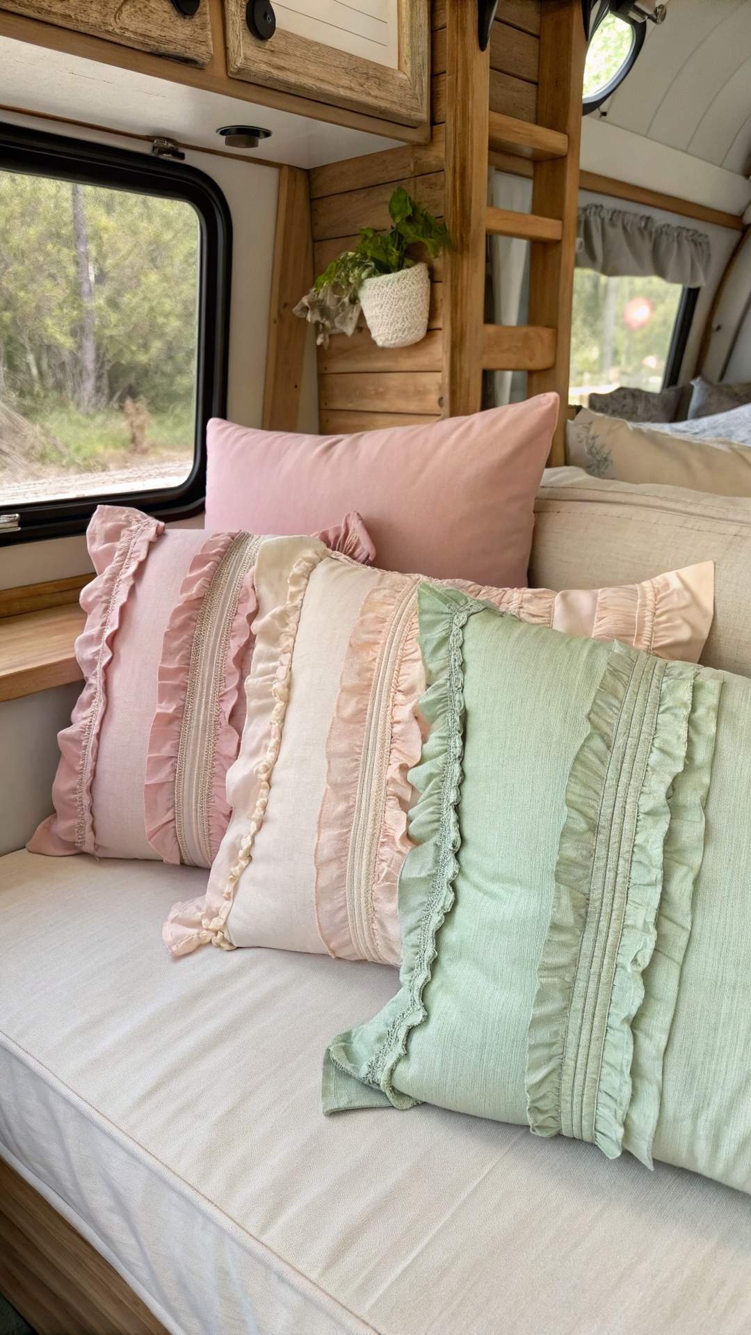 Pastel throw pillows in shabby chic camper