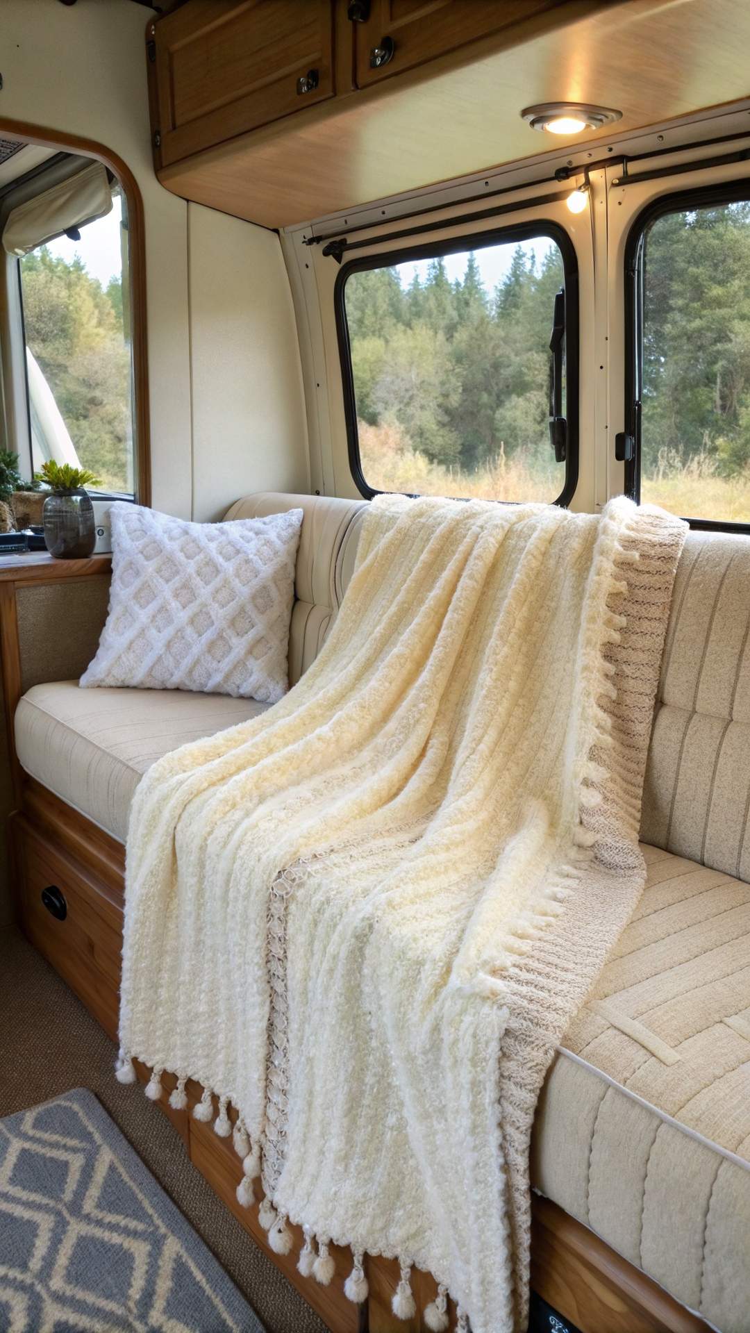 Chenille throw blanket in shabby chic camper