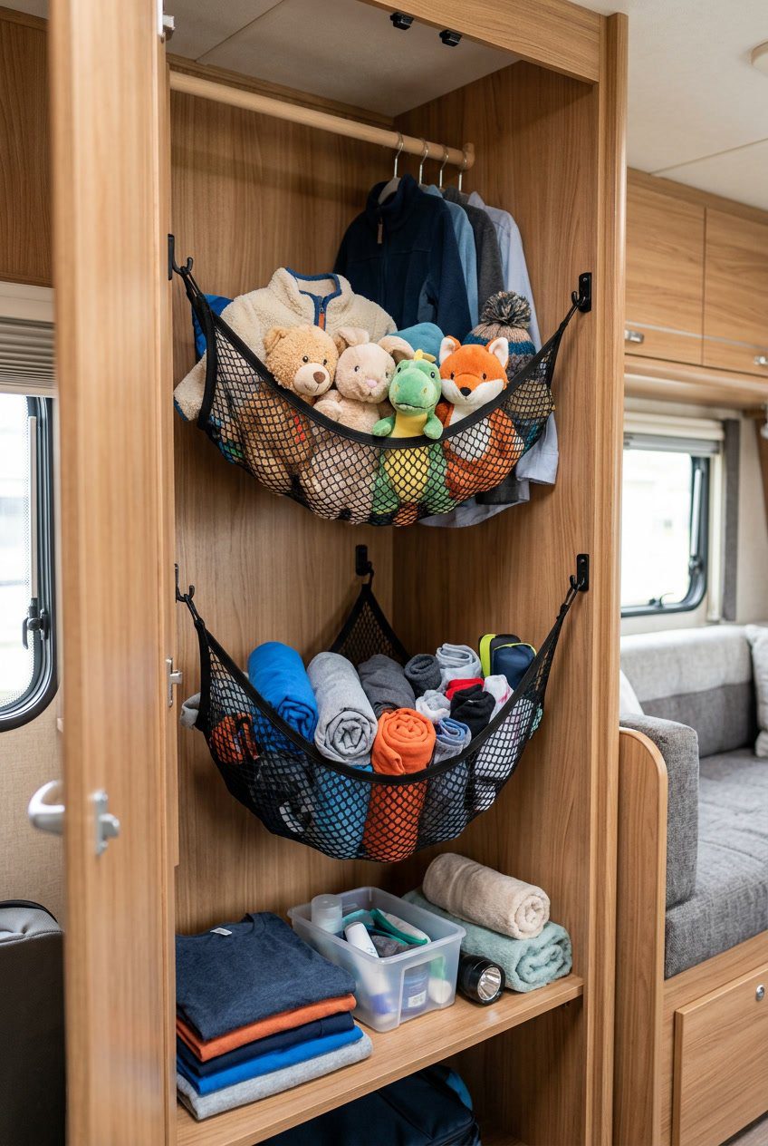 An organized RV closet with elastic mesh hammocks holding soft toys and laundry inside a small storage space.