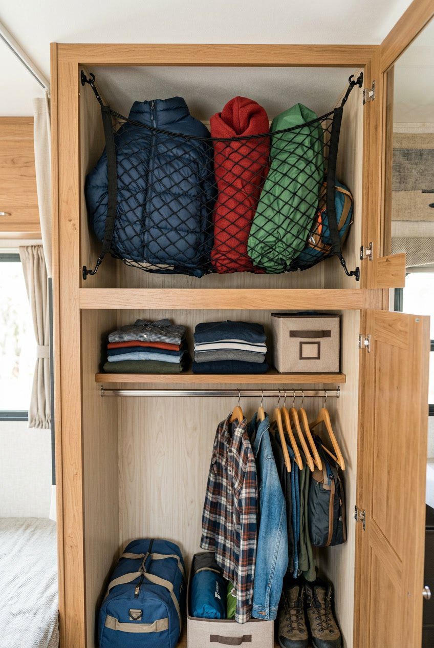 An overhead cargo net inside an RV closet holding bulky jackets and travel gear, showcasing organized storage space.