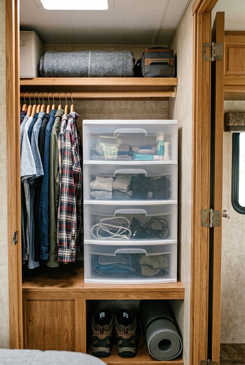 An organized RV closet with clear stackable drawers and neatly arranged travel items.