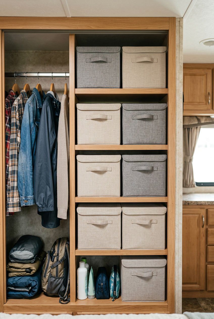Neatly arranged collapsible fabric storage cubes with lids inside a compact RV closet with clothes and travel items.