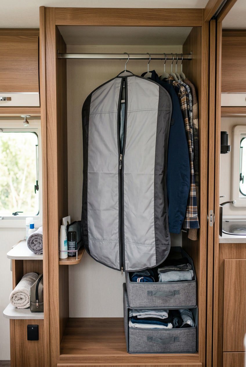 A foldable hanging garment bag with a zipper inside an organized RV closet with clothes and storage bins.