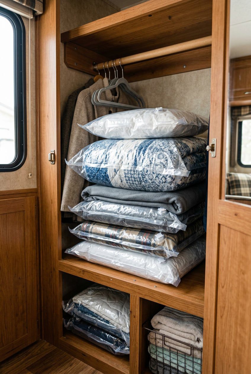 Clear vacuum storage bags filled with bedding neatly organized inside an RV closet.