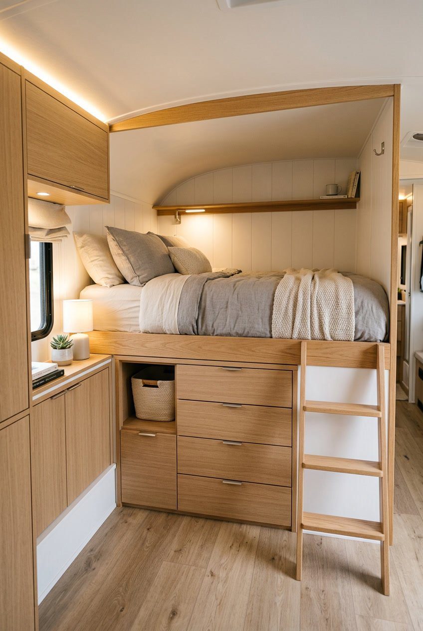 Small RV bedroom with a lofted bed that has pull-out drawers underneath for storage.