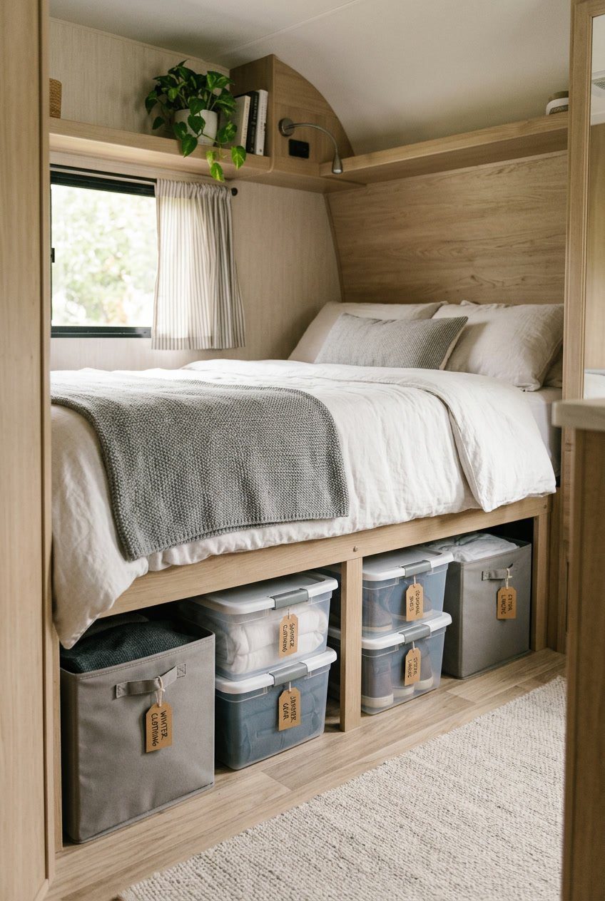 Small RV bedroom with under-bed storage bins neatly organized and tucked under the bed, showing an efficient use of space.