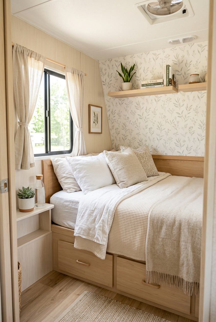 Small RV bedroom with light-colored wallpaper, a neatly made bed, natural light, and compact storage solutions.