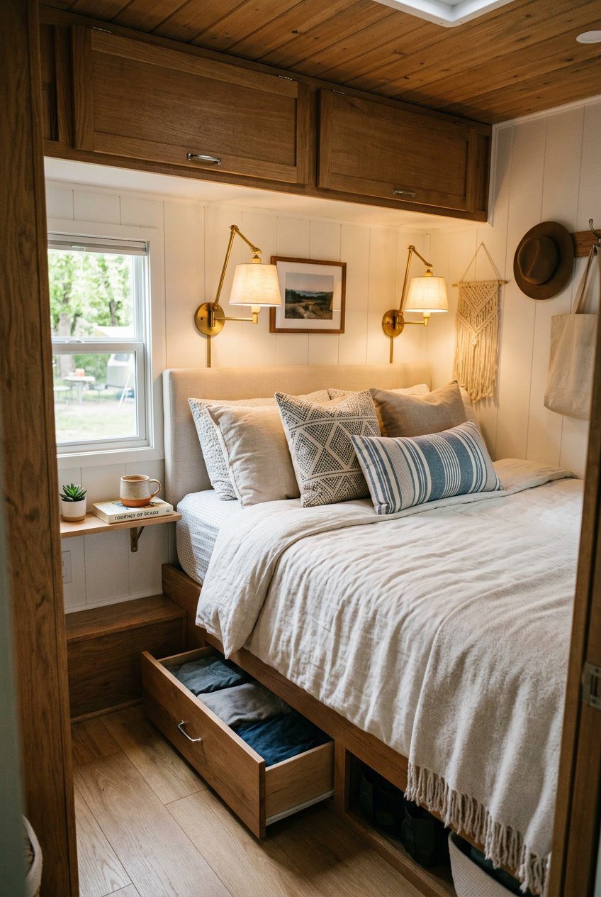A small RV bedroom with a bed and wall-mounted swing-arm reading lamps on both sides, featuring storage cabinets and a window letting in natural light.