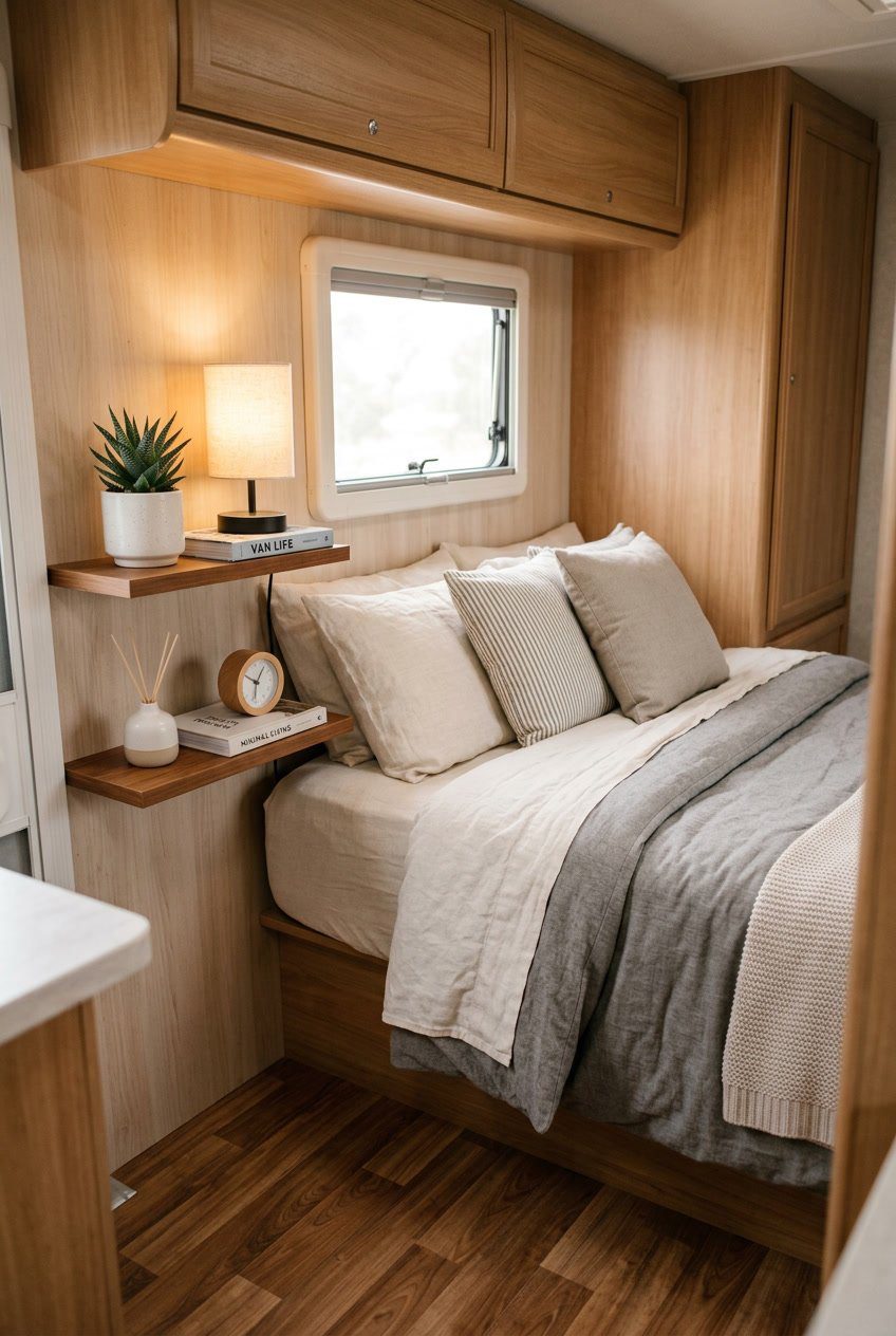 A small RV bedroom with narrow floating bedside shelves holding a plant, a book, and a lamp next to a compact bed.