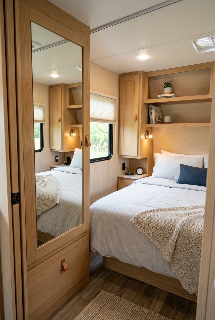 Small RV bedroom with a full-length mirror on the wardrobe door, showing a compact bed and storage in a bright, tidy space.