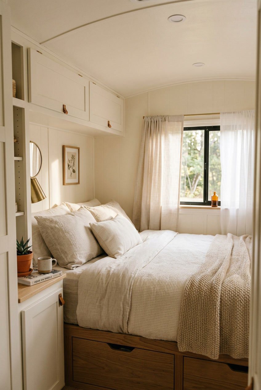 A small RV bedroom with sheer layered curtains letting in soft natural light, a neatly made bed, and built-in storage creating a cozy and spacious feel.