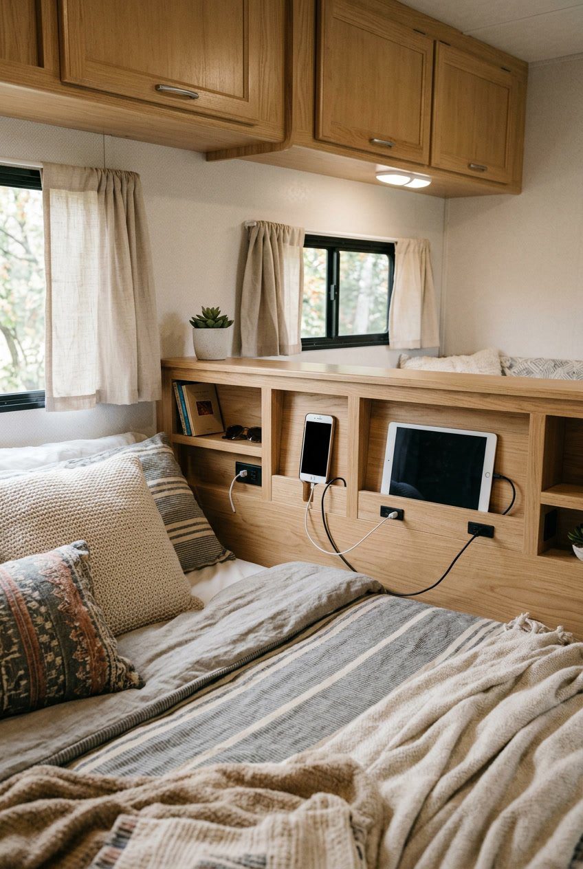 Small RV bedroom with a bed and built-in headboard cubbies used as a charging station for electronic devices.