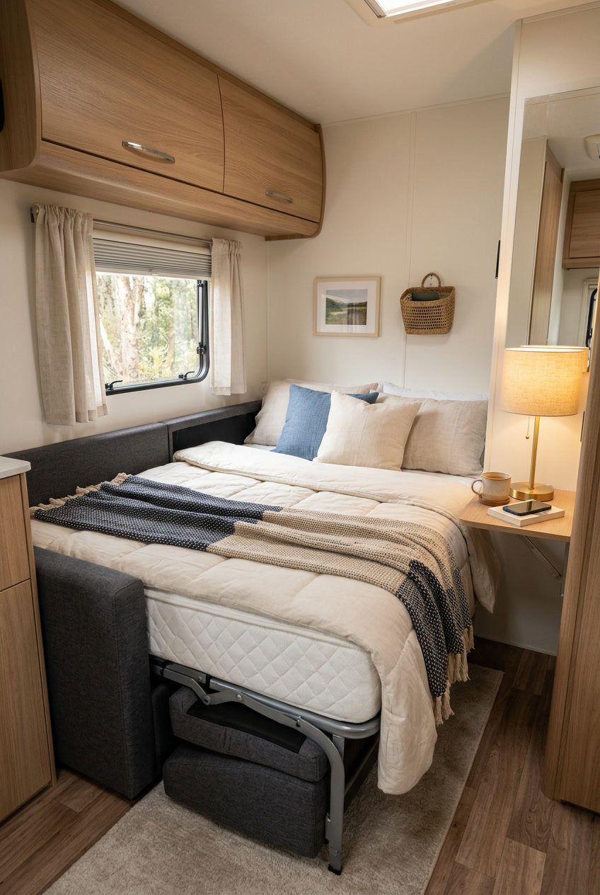 A small RV bedroom with a convertible sofa-bed partially unfolded, showing a memory foam mattress and cozy pillows in a compact, well-lit space.