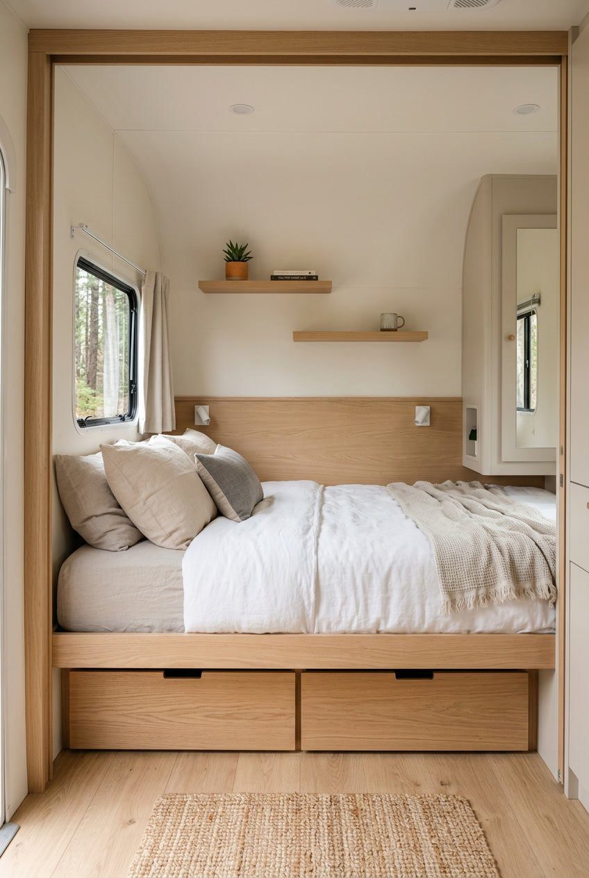 A small RV bedroom with a low-profile platform bed, light walls, natural wood accents, and storage solutions that make the space feel larger.