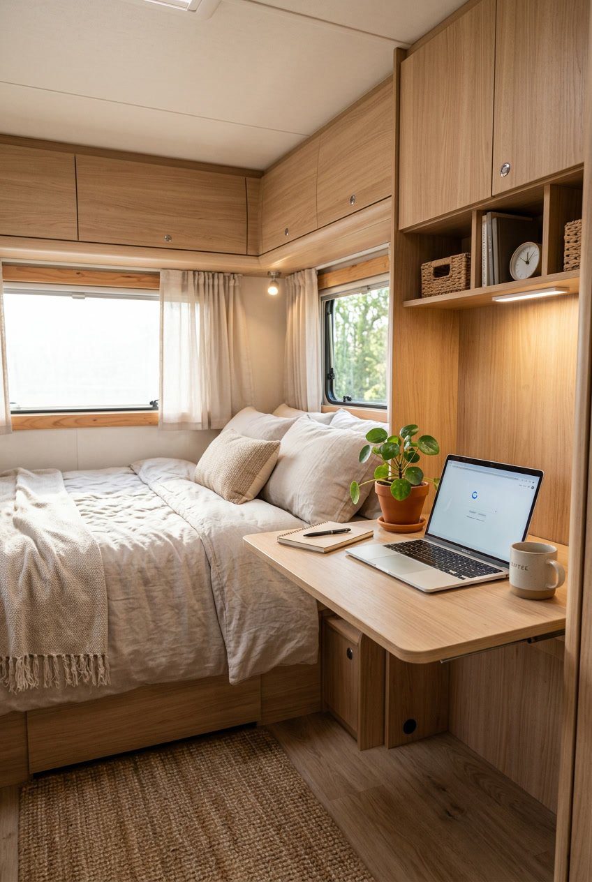 A small RV bedroom with a fold-away wall-mounted desk set up next to the bed, showing a compact and organized living space.