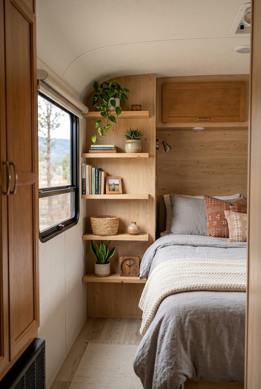 Small RV bedroom with vertical open shelving holding decorative items next to a bed.