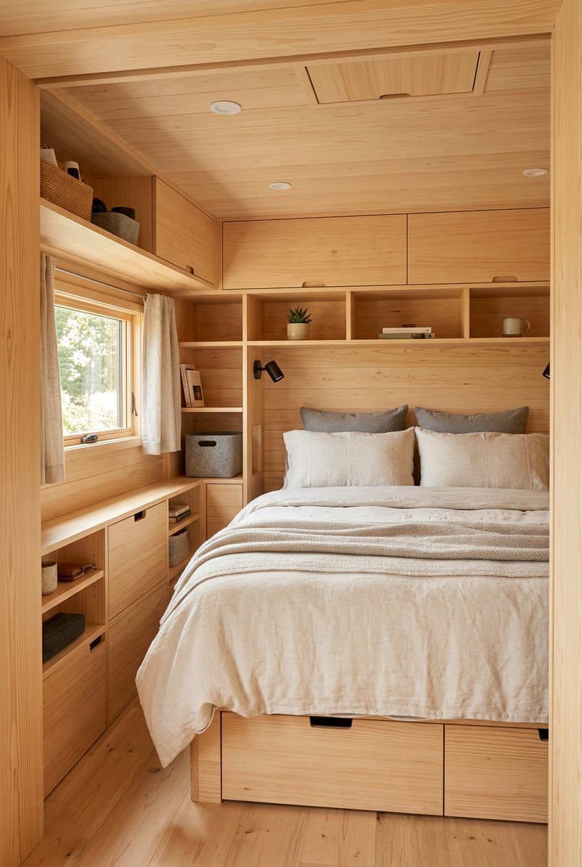 A small RV bedroom with light wood walls, built-in storage, a neatly made bed, and natural light coming through a window.