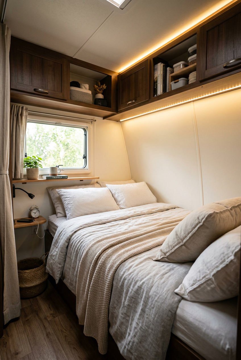 Small RV bedroom with LED strip lighting under cabinets, a neatly made bed, and a compact, organized interior.