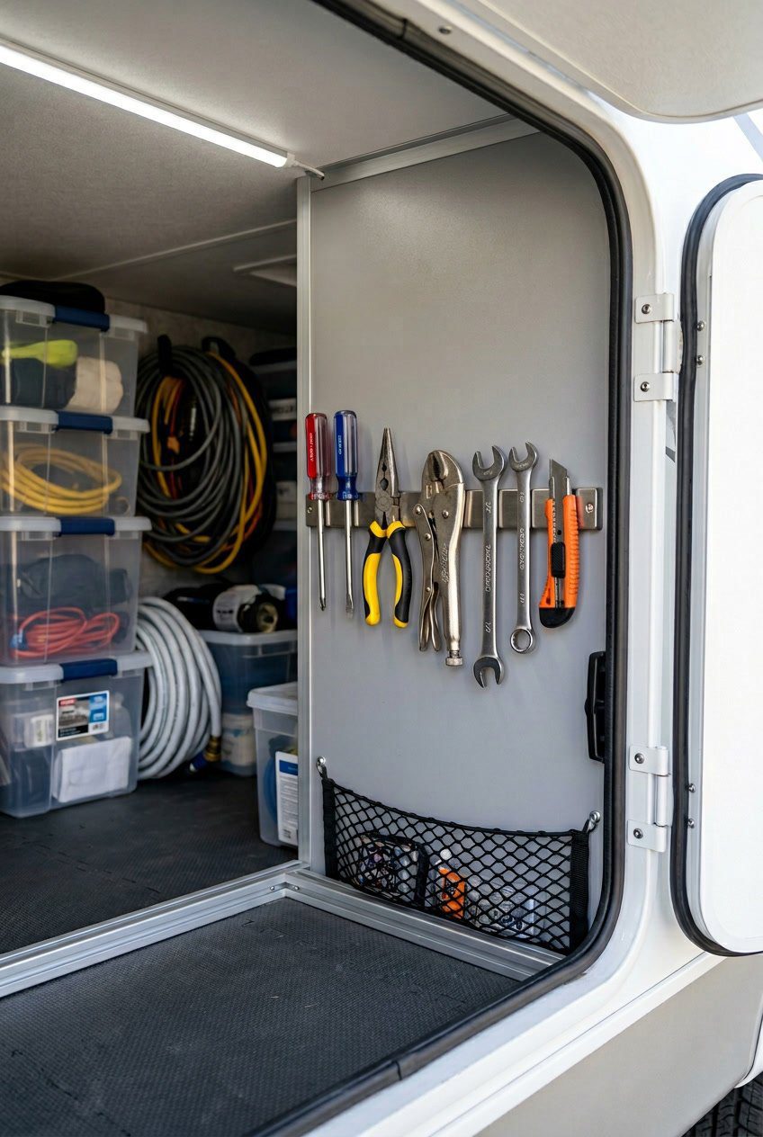 An RV basement storage compartment with a magnetic strip holding various tools neatly organized on the wall.