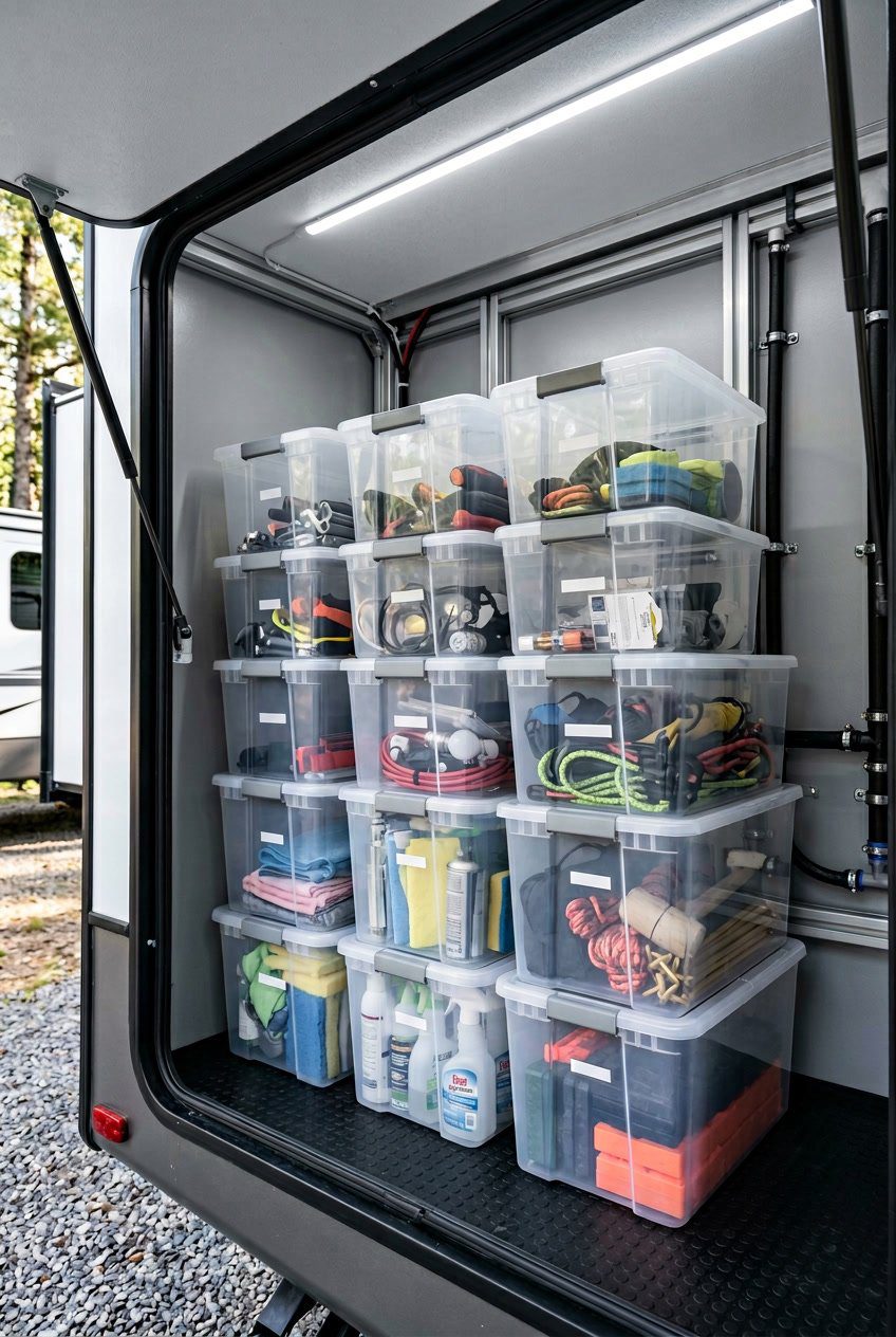 Clear stackable plastic bins neatly organized inside an RV basement storage compartment filled with camping and travel items.