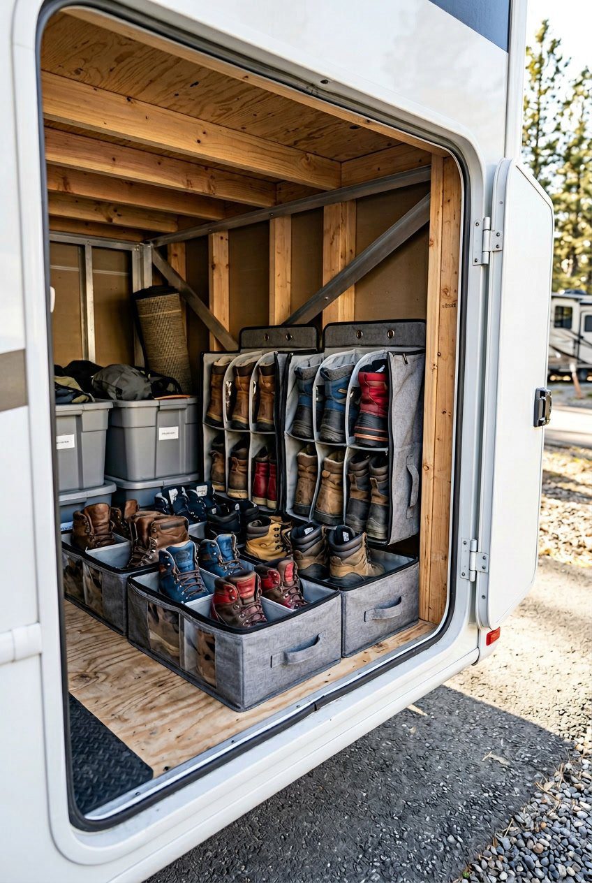 An RV basement storage compartment with under-bed shoe organizers used to neatly store multiple pairs of boots.