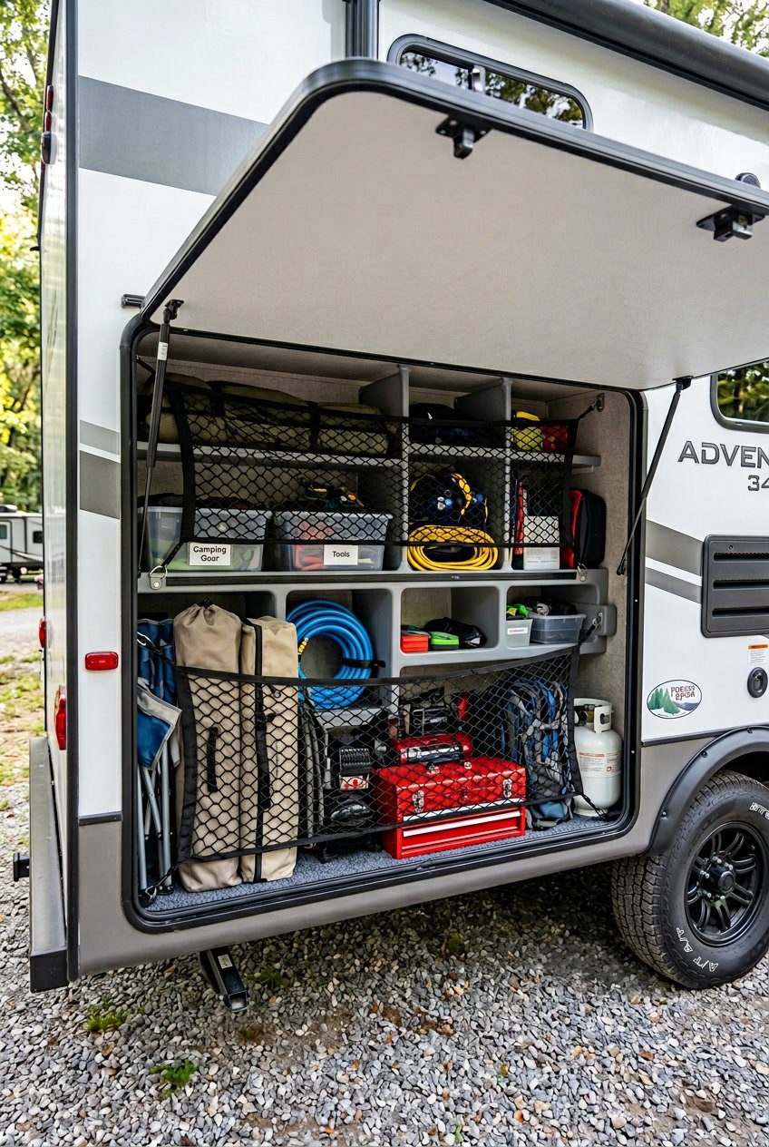 Open RV basement storage compartment with velcro cargo nets securing camping gear and tools.