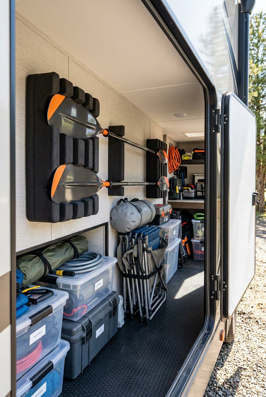 An organized RV basement storage compartment with padded holders securely storing kayak blades and other camping gear.