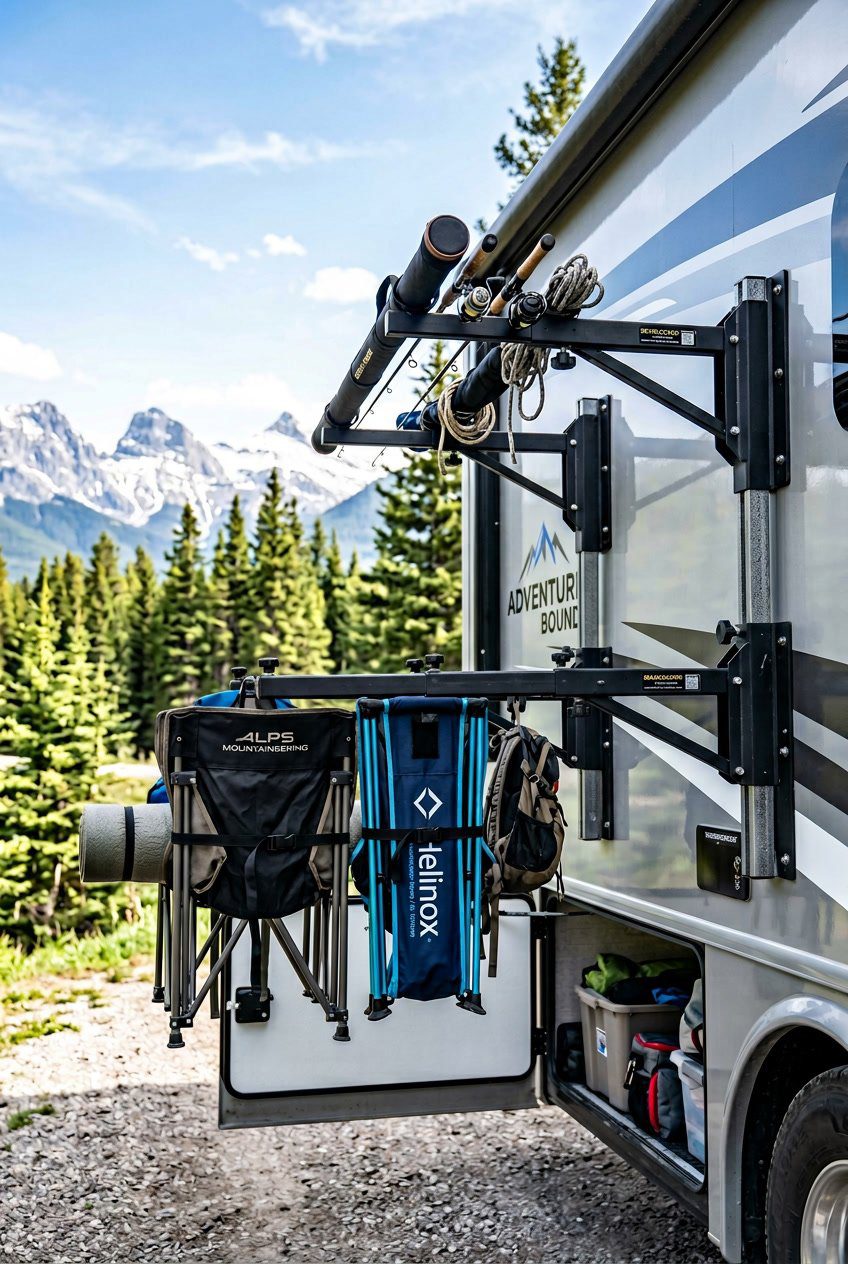 Roof-rack style telescoping gear hangers attached to an RV holding outdoor equipment in a natural outdoor setting.