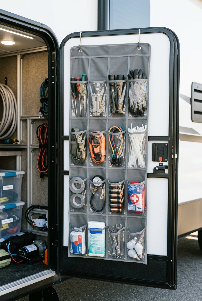 Organized hanging storage pockets filled with small items inside an RV basement compartment.