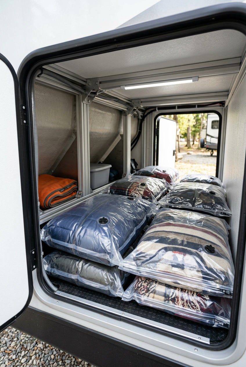 Vacuum-seal bags filled with off-season clothing neatly stored inside an RV's basement storage compartment.