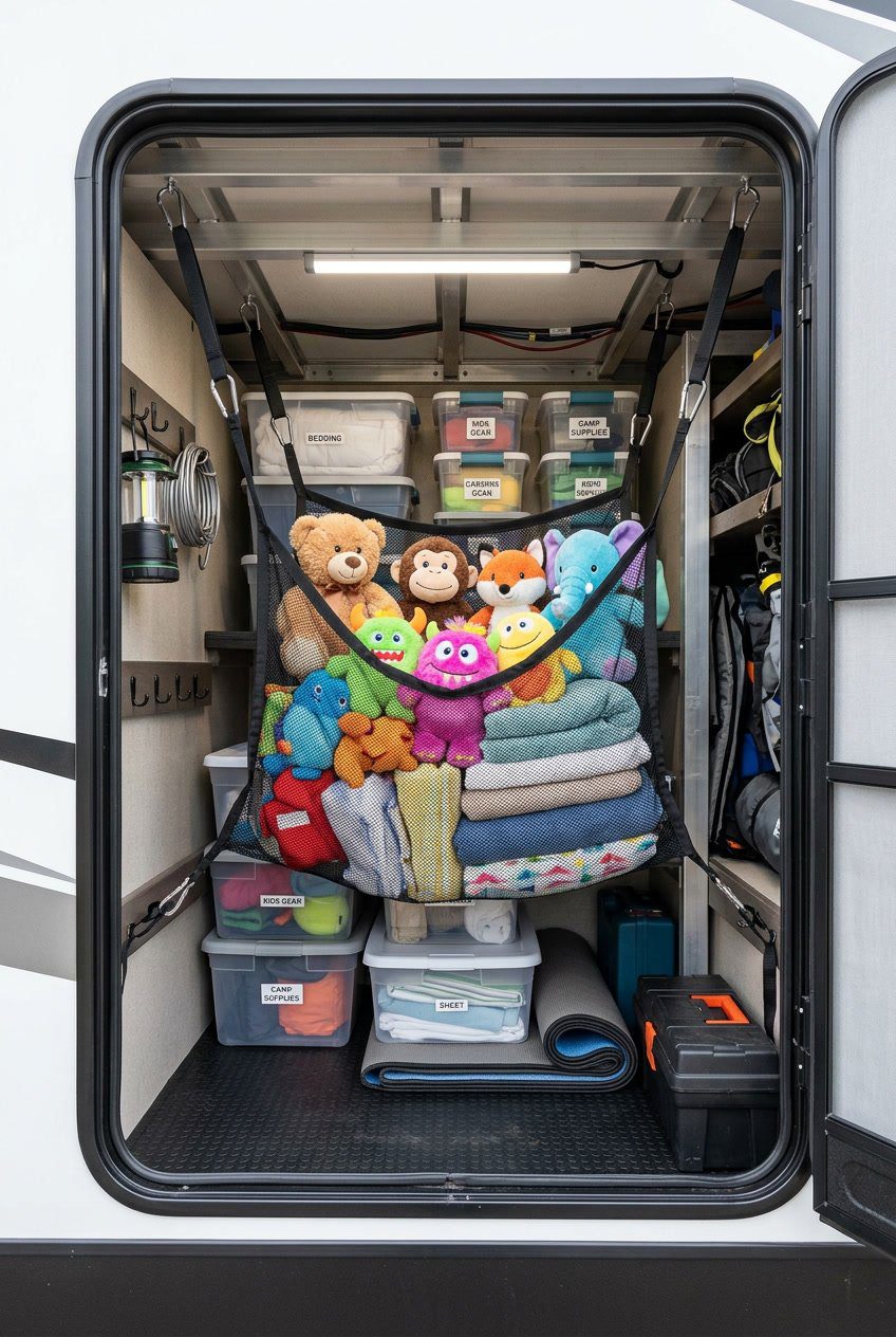 An organized RV basement compartment with a suspended mesh hammock holding soft toys and linens.