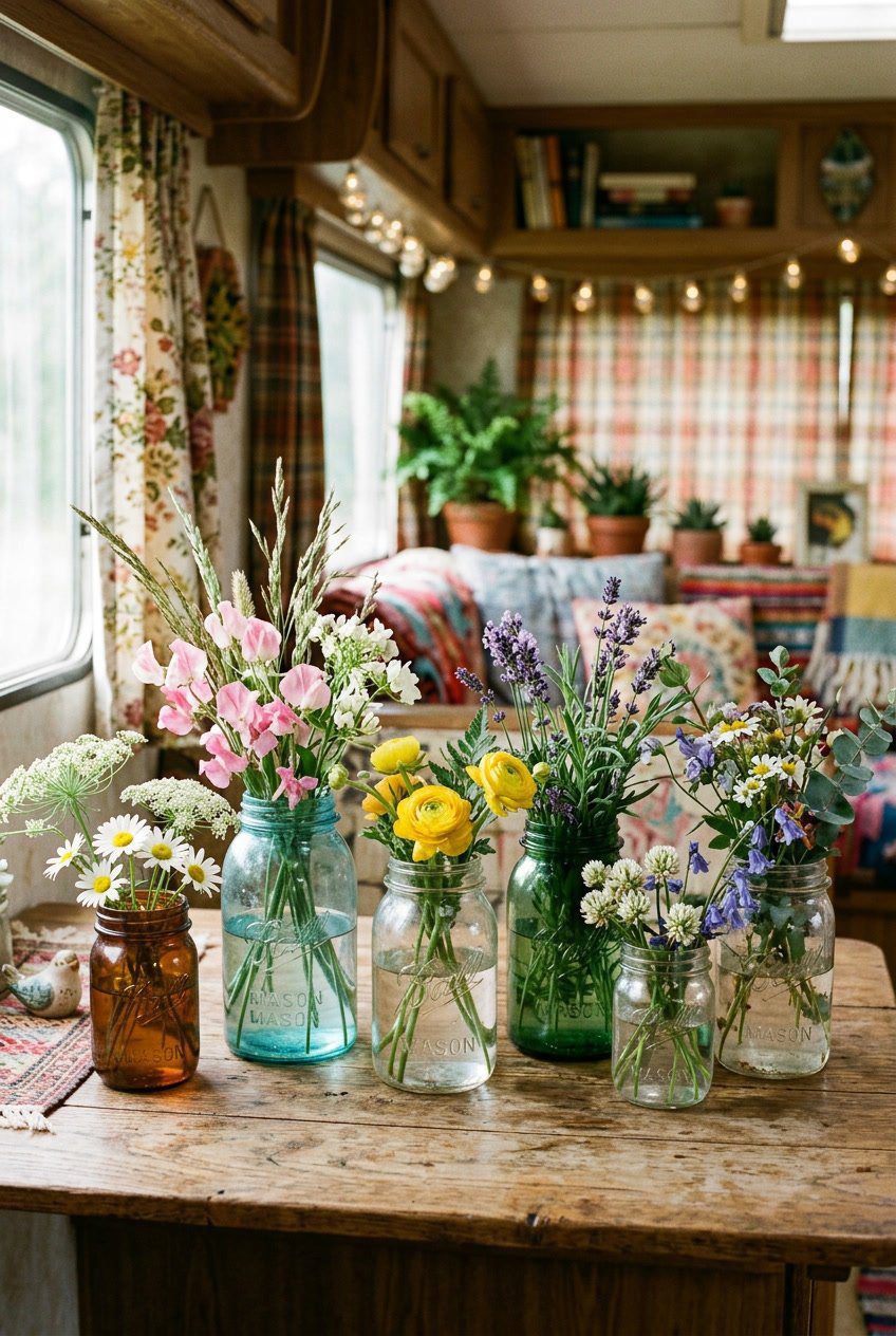 A collection of mismatched vintage mason jars used as vases holding wildflowers on a wooden surface inside a cozy camper.
