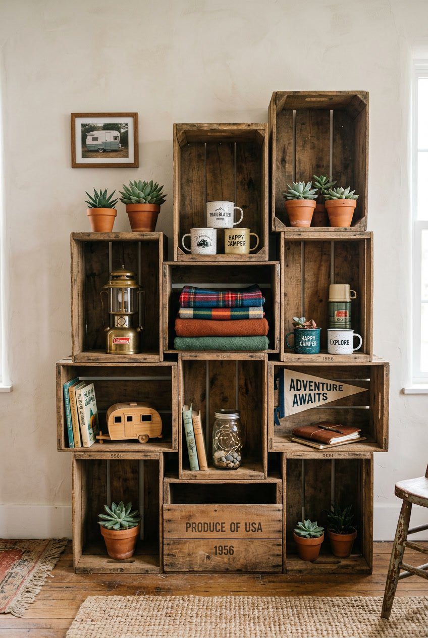 Shelving made from stacked wooden crates holding vintage camping decor items like plants, mugs, and lanterns.