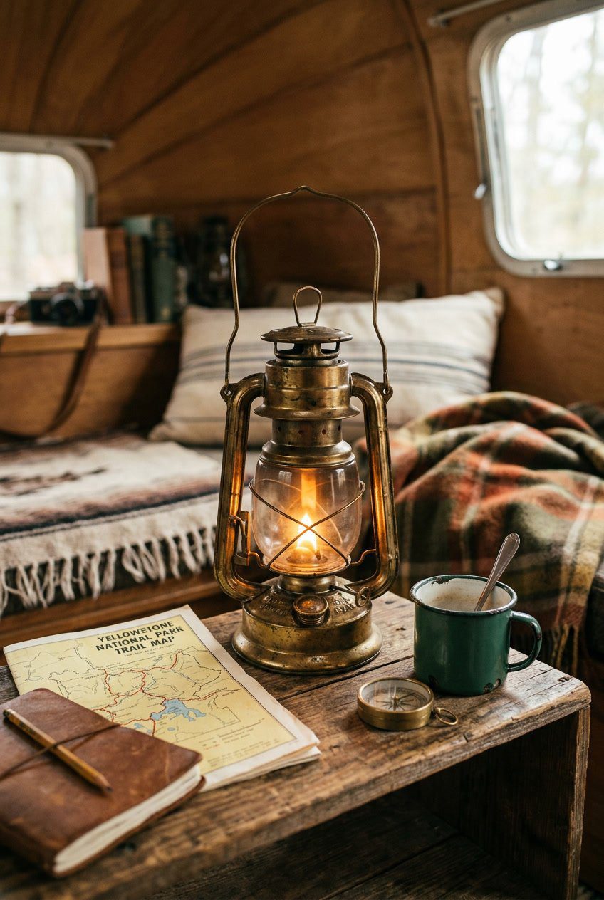 An antique brass lantern glowing warmly on a wooden surface surrounded by vintage camping items.