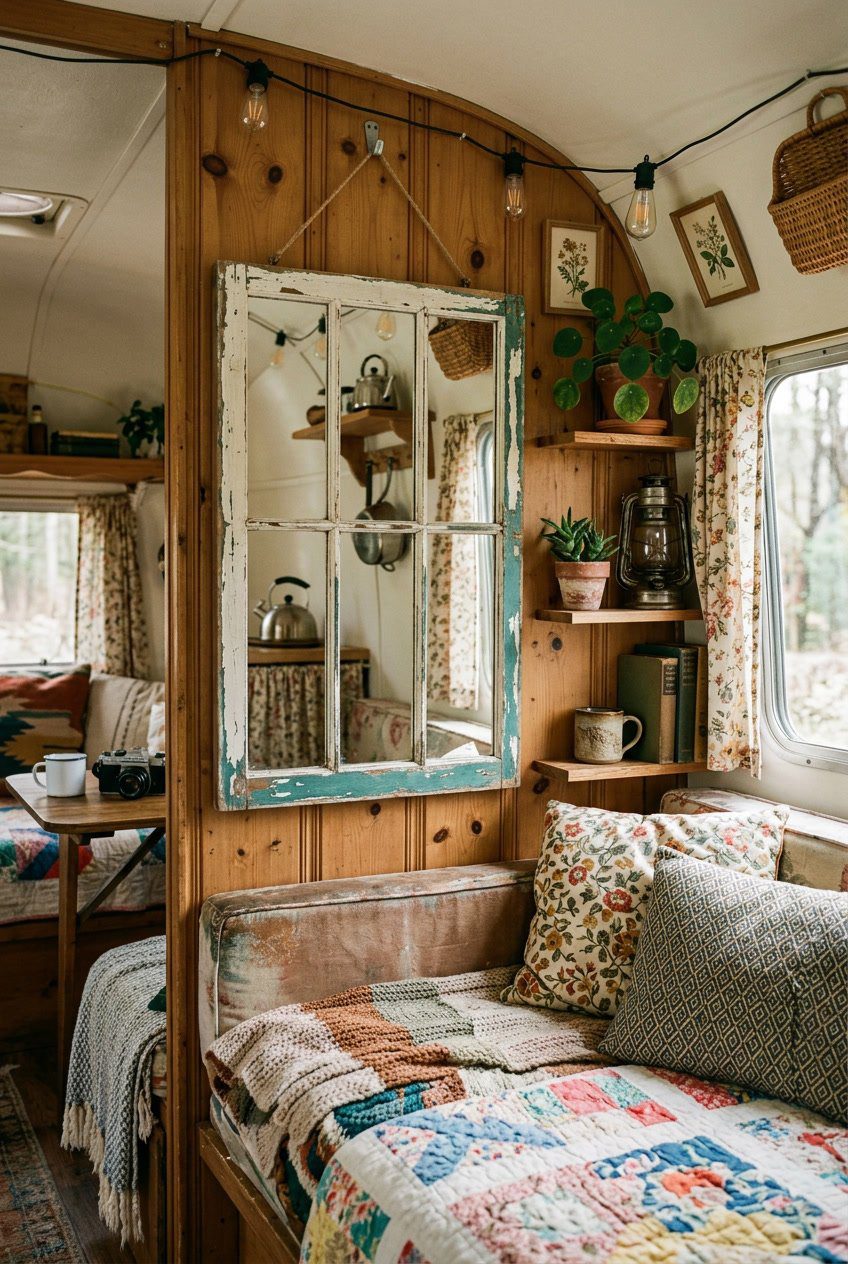 A vintage window frame repurposed as a mirror inside a cozy camper decorated with plants and rustic accessories.